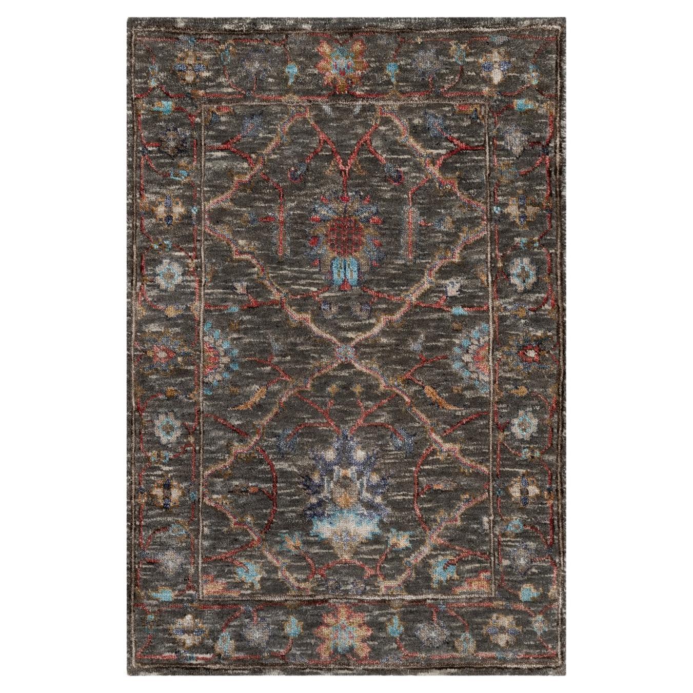 2'x3' Brown Persian Scrolls Leaf Design Hand Knotted Wool and Silk Mat Rug For Sale