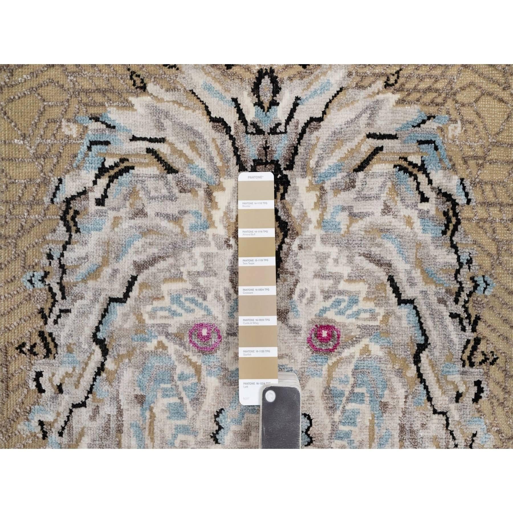 2'x3' Alfombra anudada a mano de lana y seda marrón The Maharaja Lion Novelty Indio en venta