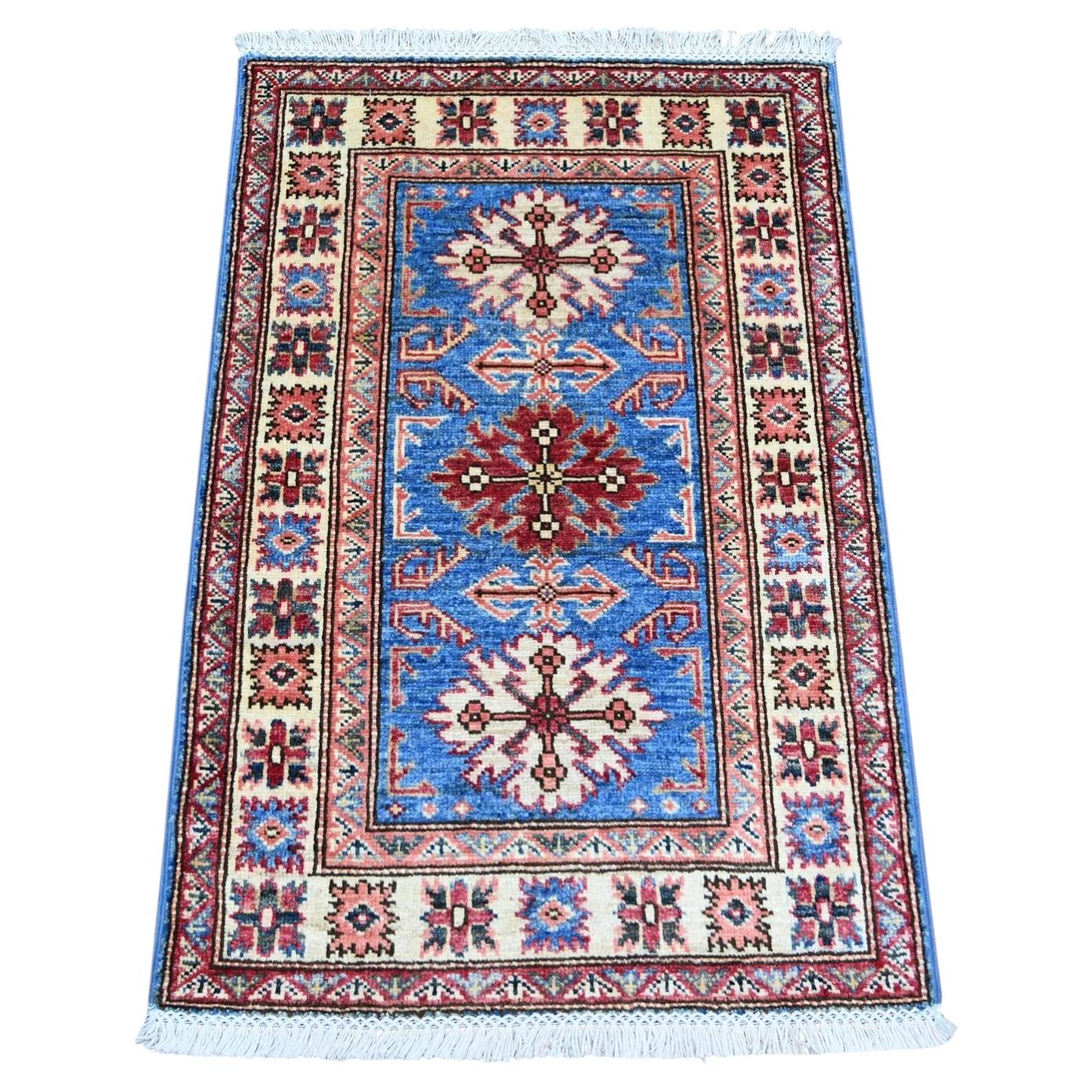 2'x3' Cerulean Blue Afghan Super Kazak Hand Knotted Wool Sample Mat Rug For Sale