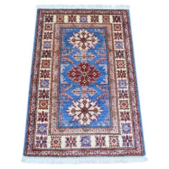 2'x3' Cerulean Blue Afghan Super Kazak Hand Knotted Wool Sample Mat Rug