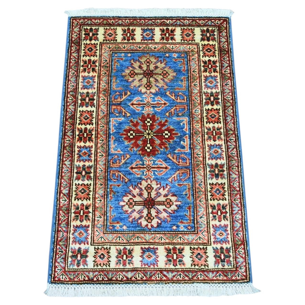 2'x3' Cerulean Blue Hand Knotted Afghan Super Kazak Wool Sample Mat Rug