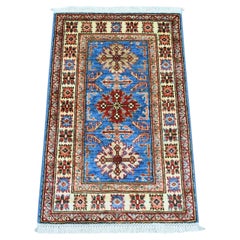 2'x3' Cerulean Blue Hand Knotted Afghan Super Kazak Wool Sample Mat Rug