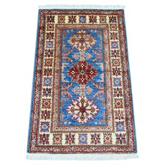 2'x3' Cerulean Blue Natural Wool Hand Knotted Afghan Super Kazak Mat Rug