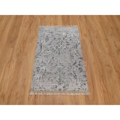 2'x3' Cloud Gray Hand Knotted Damask Design Tone on Tone Wool and Silk Rug
