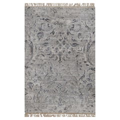 2'x3' Cloud Gray Hand Knotted Damask Design Tone on Tone Wool and Silk Rug