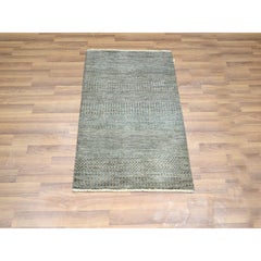 2'x3' Coffee Brown Modern Grass Design Hand Knotted Undyed Natural Wool Rug