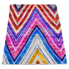 2'x3' Colorful Hand Knotted Chevron Design Sari Silk with Textured Wool Rug