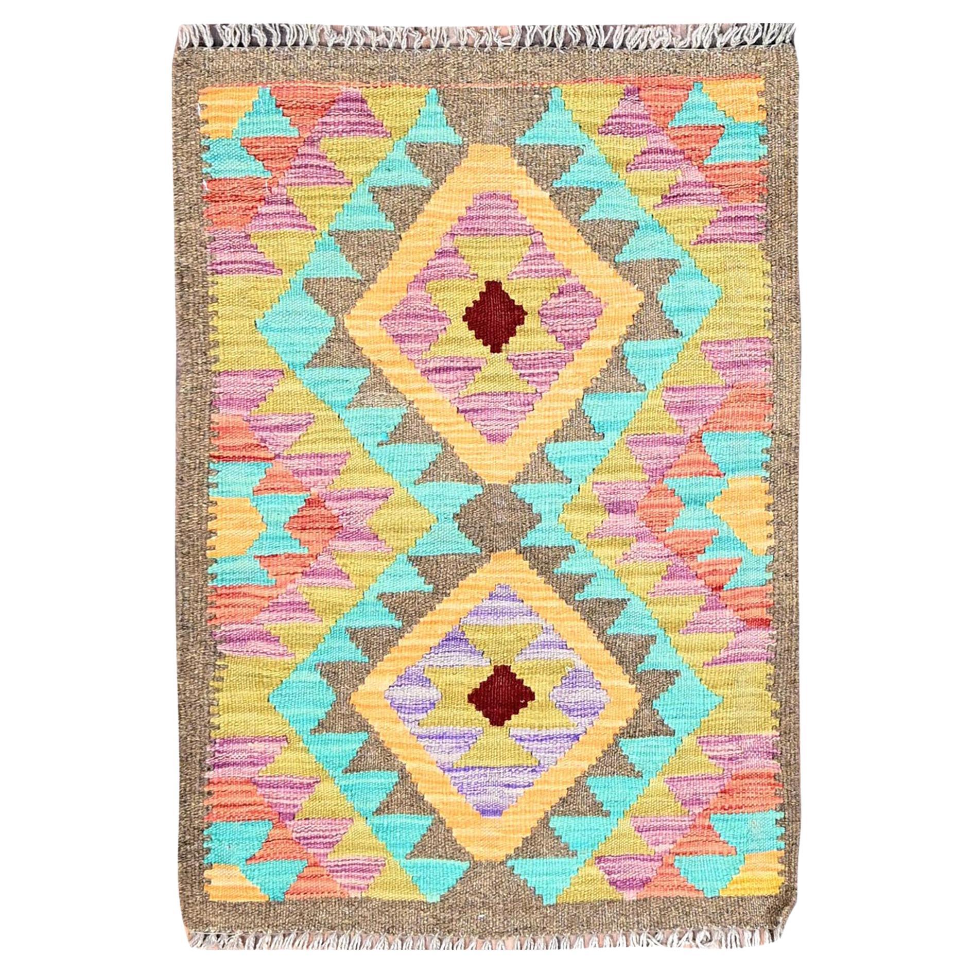2'x3' Colorful, Hand Woven, Pure Wool, Afghan Kilim, Oriental Rug For Sale