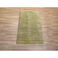 2'x3' Ecru Brown Modern Grass Design Hand Knotted Wool and Silk Mat Rug