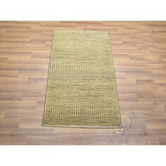 2'x3' Ecru Brown Modern Grass Design Hand Knotted Wool with Silk Mat Rug