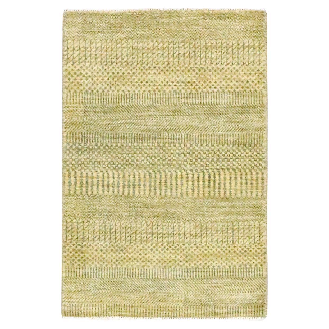 2'x3' Ecru Brown Modern Grass Design Hand Knotted Wool with Silk Mat Rug