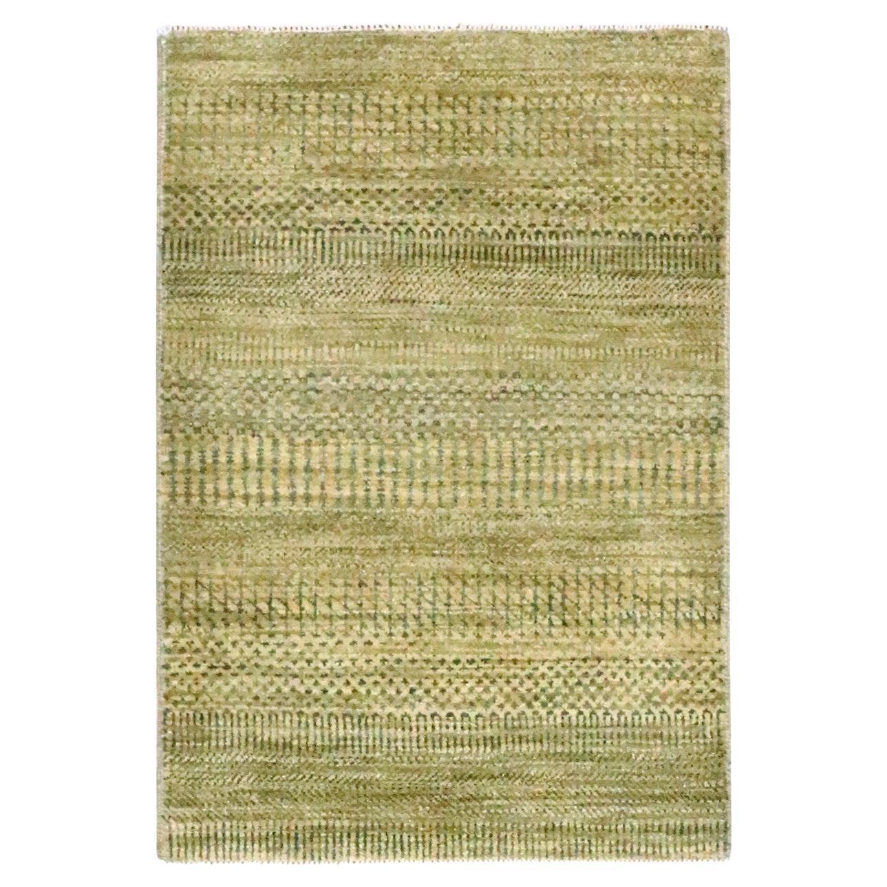 2'x3' Ecru Brown Modern Grass Design Hand Knotted Wool with Silk Mat Rug For Sale