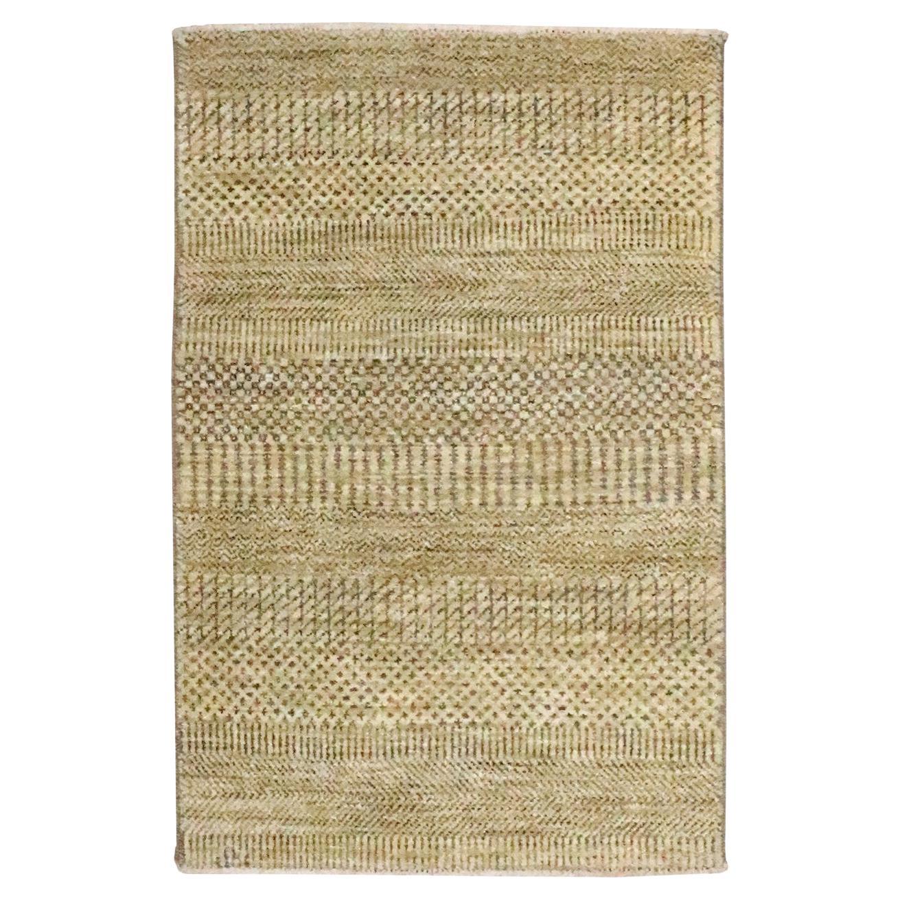 2'x3' Ecru Brown Modern Grass Design Hand Knotted Wool with Silk Mat Rug