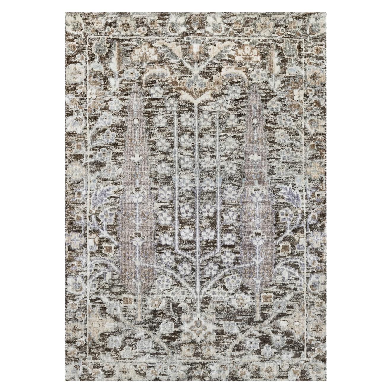 2'x3' Falcon Gray Silk and Wool Hand Knotted Willow Cypress Tree Mat Rugs (Tappeto in seta e lana annodato a mano)