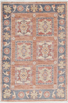 2x3 ft Hand Knotted Red, Blue, Ivory Area Rug. Geometric Panel Design Accent Rug