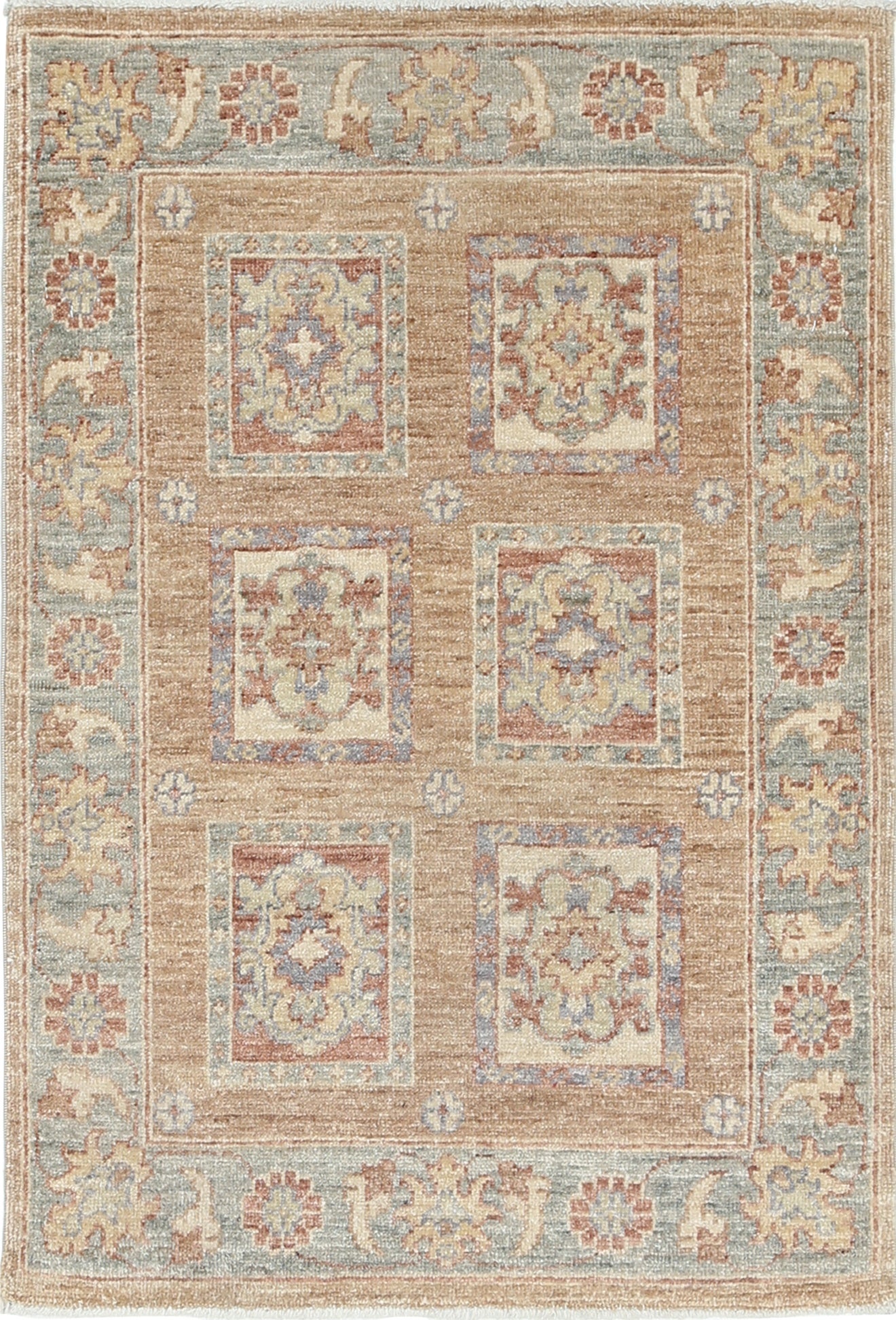 2x3 ft Hand Knotted Red, Tan, Light Blue and Ivory Turkish Wool Area Rug