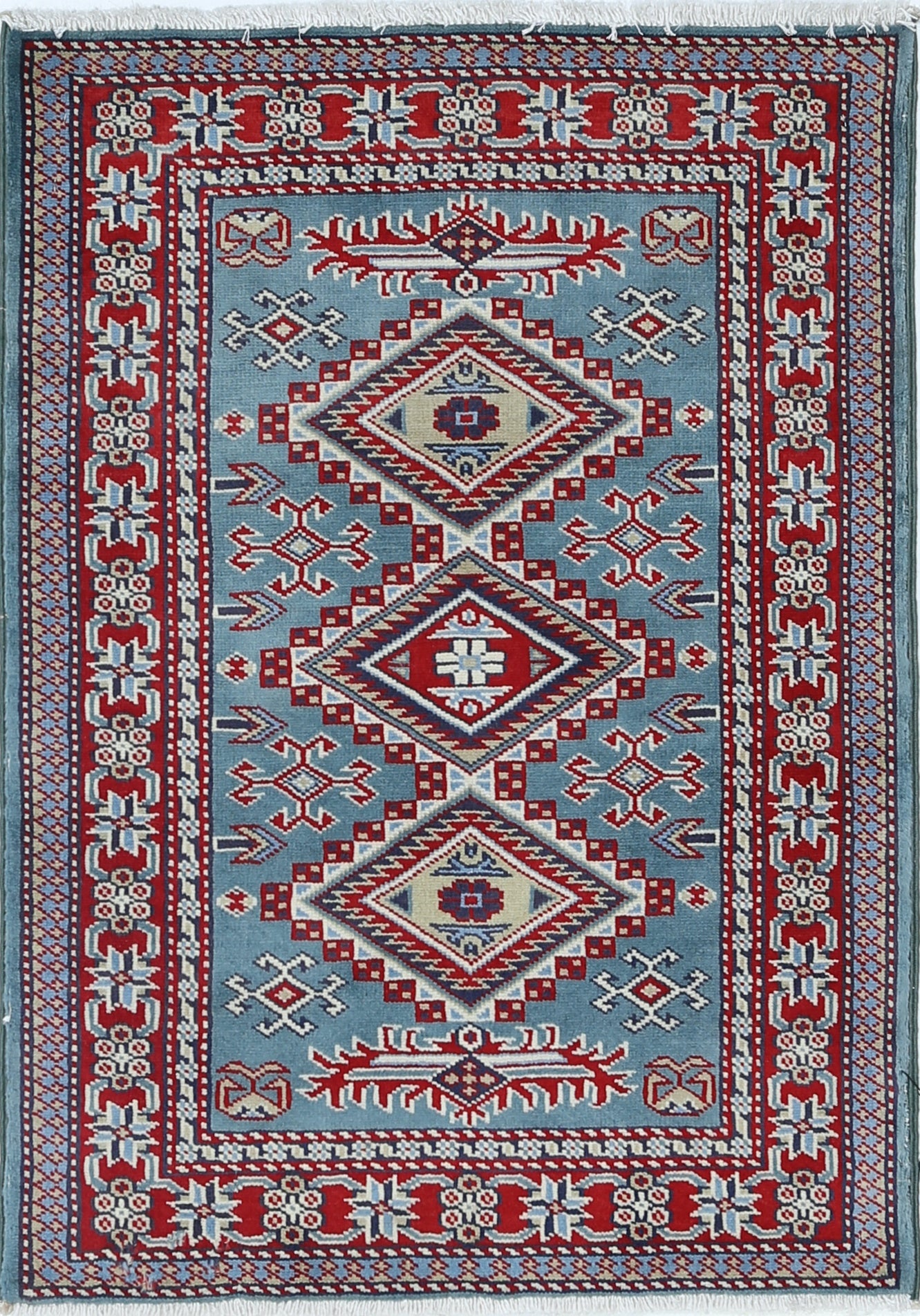 2x3 ft Handknotted Blue, Red, Ivory Accent Rug with Geometric Medallion Design