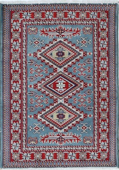 2x3 ft Handknotted Blue, Red, Ivory Accent Rug with Geometric Medallion Design