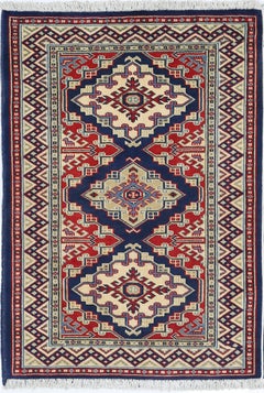 Tappeto 2x3 ft annodato a mano blu navy, rosso, avorio con disegno geometrico a medaglione