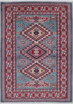 2x3 ft Handmade Blue, Red, Ivory Wool Accent Rug with Geometric Medallion Design