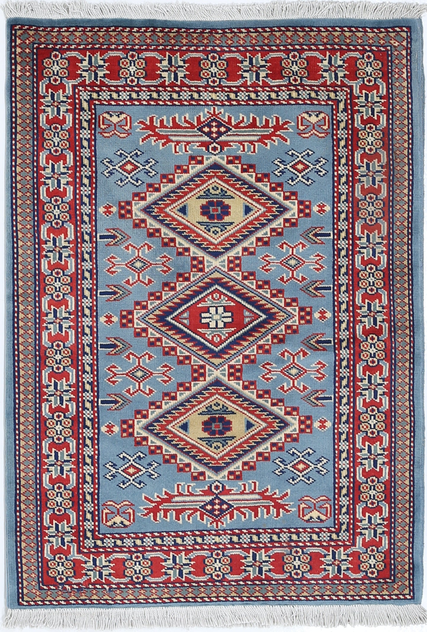 2x3 ft Handmade Blue, Red, Ivory Wool Accent Rug with Geometric Medallion Design