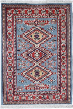 2x3 ft Handmade Blue, Red, Ivory Wool Accent Rug with Geometric Medallion Design