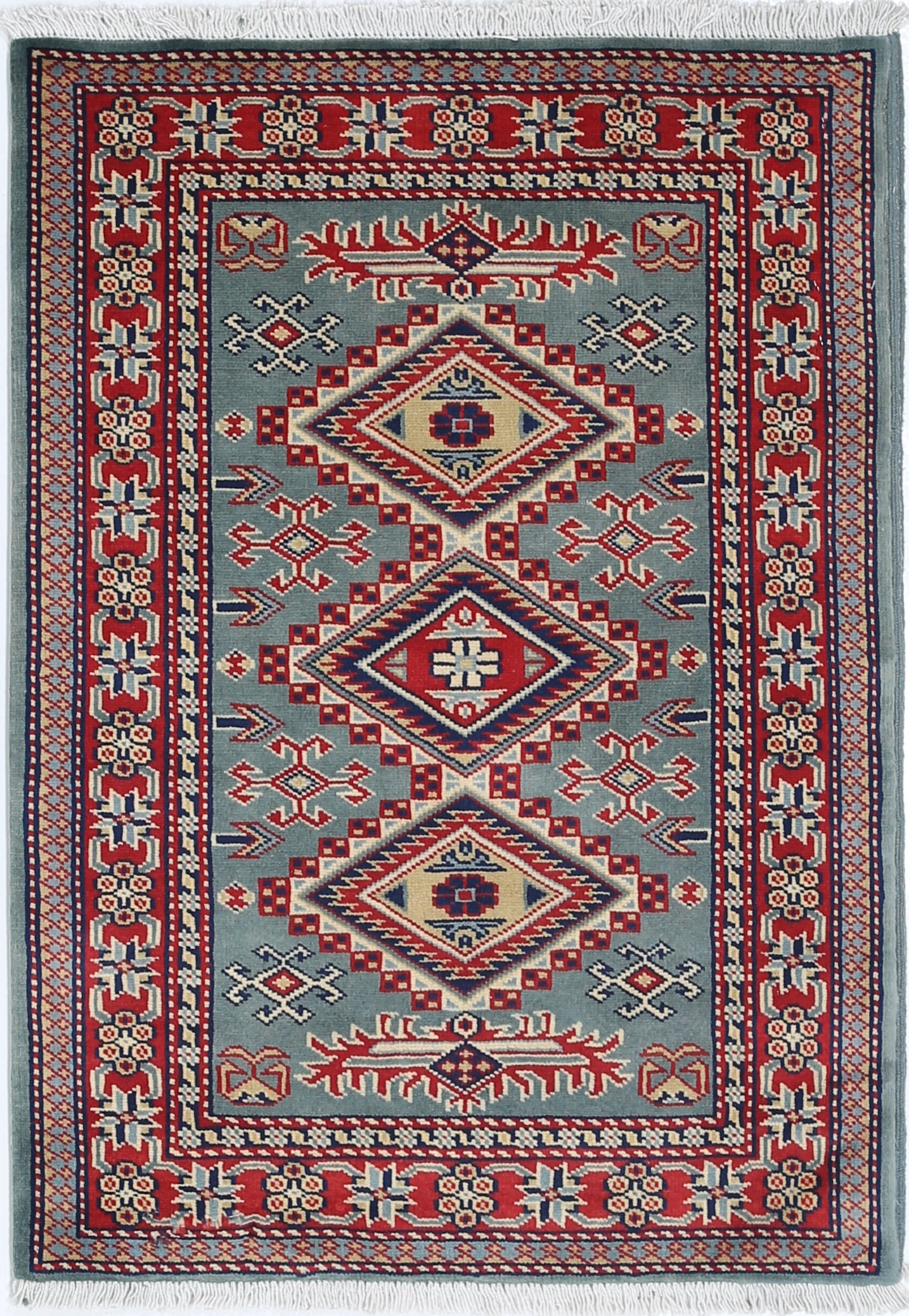 2x3 ft Handmade Green, Red, Ivory Wool Area Rug with Geometric Medallion Design