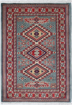 2x3 ft Handmade Green, Red, Ivory Wool Area Rug with Geometric Medallion Design