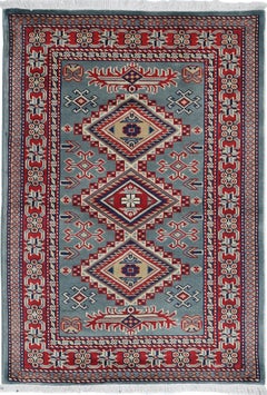 2x3 ft Handmade Green, Red, Ivory Wool Area Rug with Geometric Medallion Design