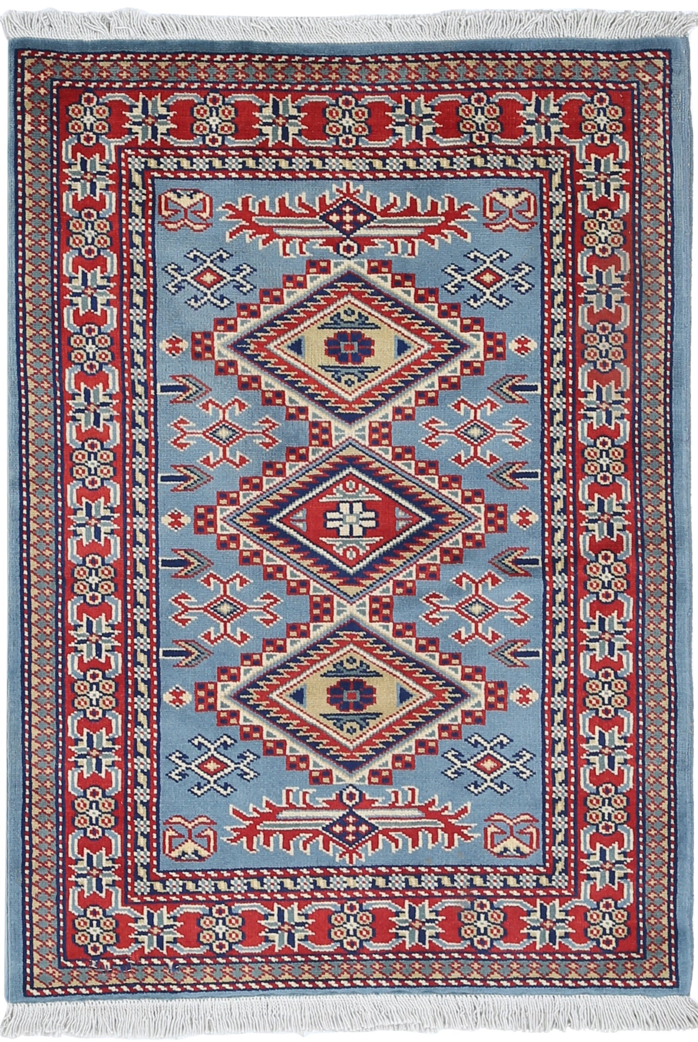 2x3 ft Handmade Light Blue, Red, Ivory Wool Area Rug. Geometric Medallion Design