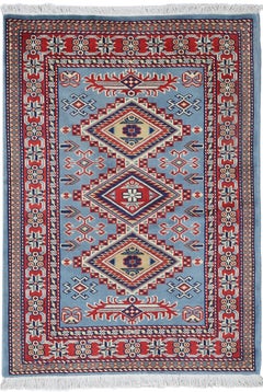 2x3 ft Handmade Light Blue, Red, Ivory Wool Area Rug. Geometric Medallion Design