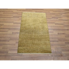 2'x3' Golden Brown Modern Grass Design Hand Knotted Wool and Silk Mat Rug