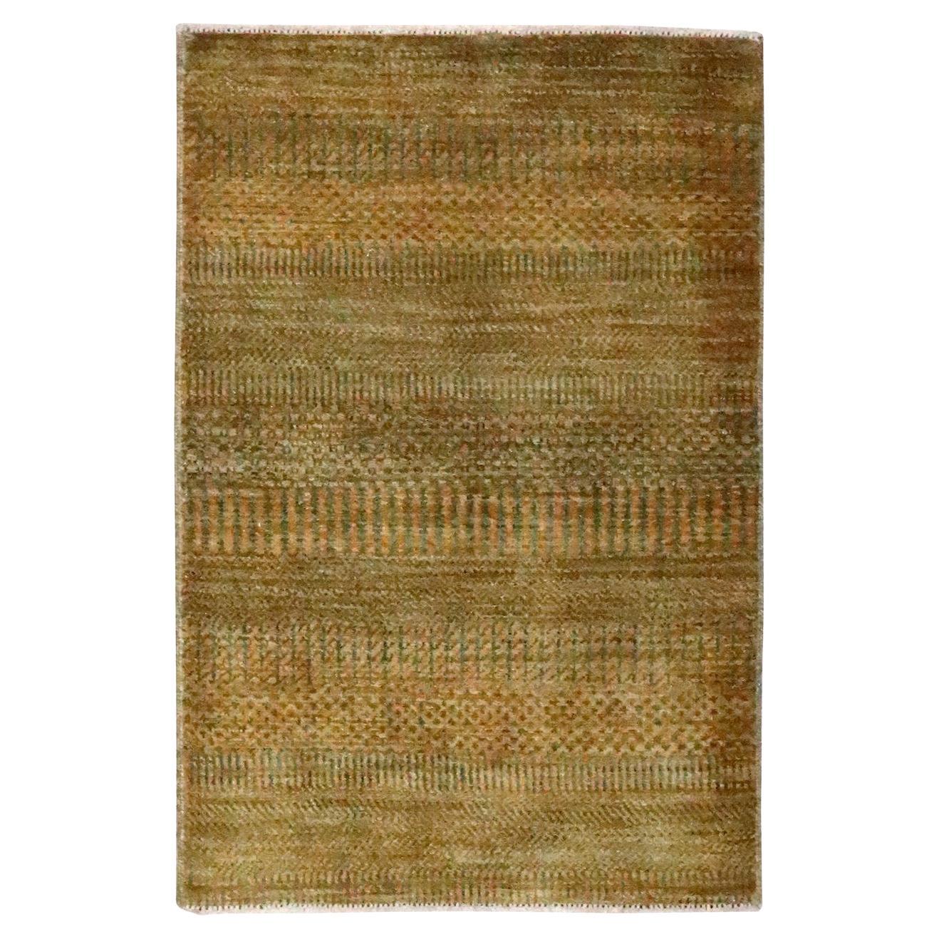 2'x3' Golden Brown Modern Grass Design Hand Knotted Wool with Sik Mat Rug