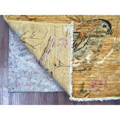 2'x3' Golden Brown Sparrows on the Tree Peshawar Hand Knotted Wool Mat Rug