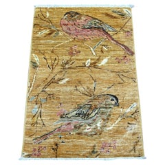 2'x3' Golden Brown Sparrows on the Tree Peshawar Hand Knotted Wool Mat Rug