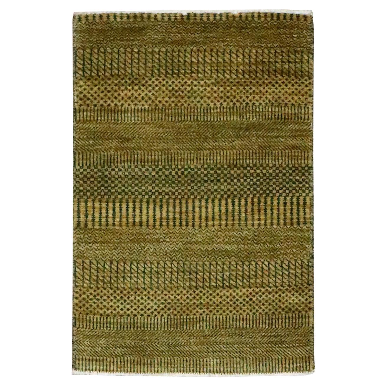 2'x3' Golden Brown Wool and Silk Hand Knotted Modern Grass Design Mat Rug