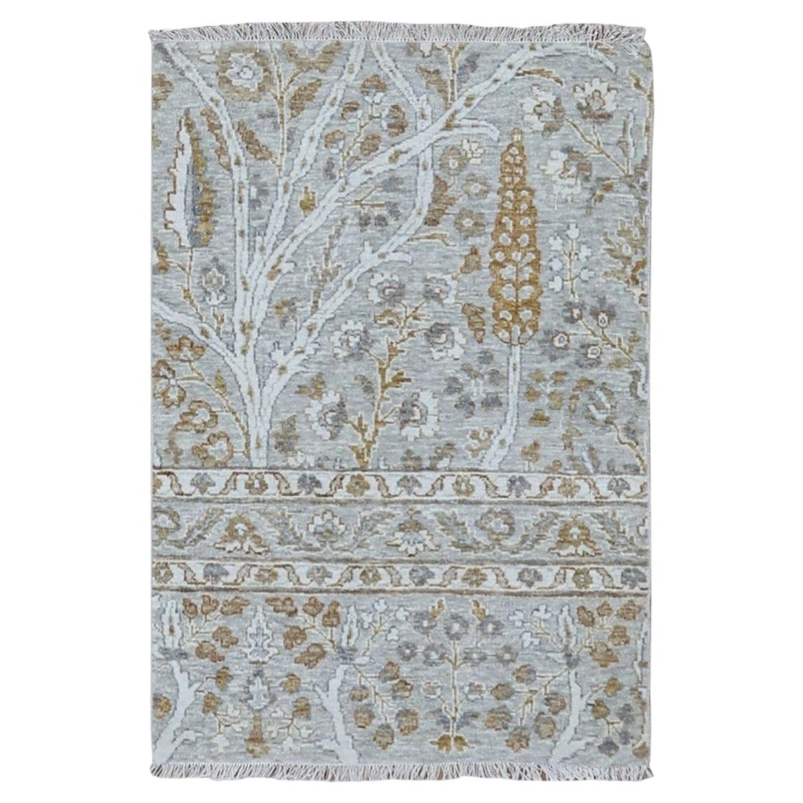2'x3' Gray 200 KPSI Meditation Tree of Life Design Hand Knotted Wool Mat Rug