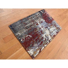 2'x3' Gray, Abstract Design, Wool and Silk, Hand Knotted, Sample Mat Rug