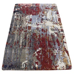 2'x3' Gray, Abstract Design, Wool and Silk, Hand Knotted, Sample Mat Rug