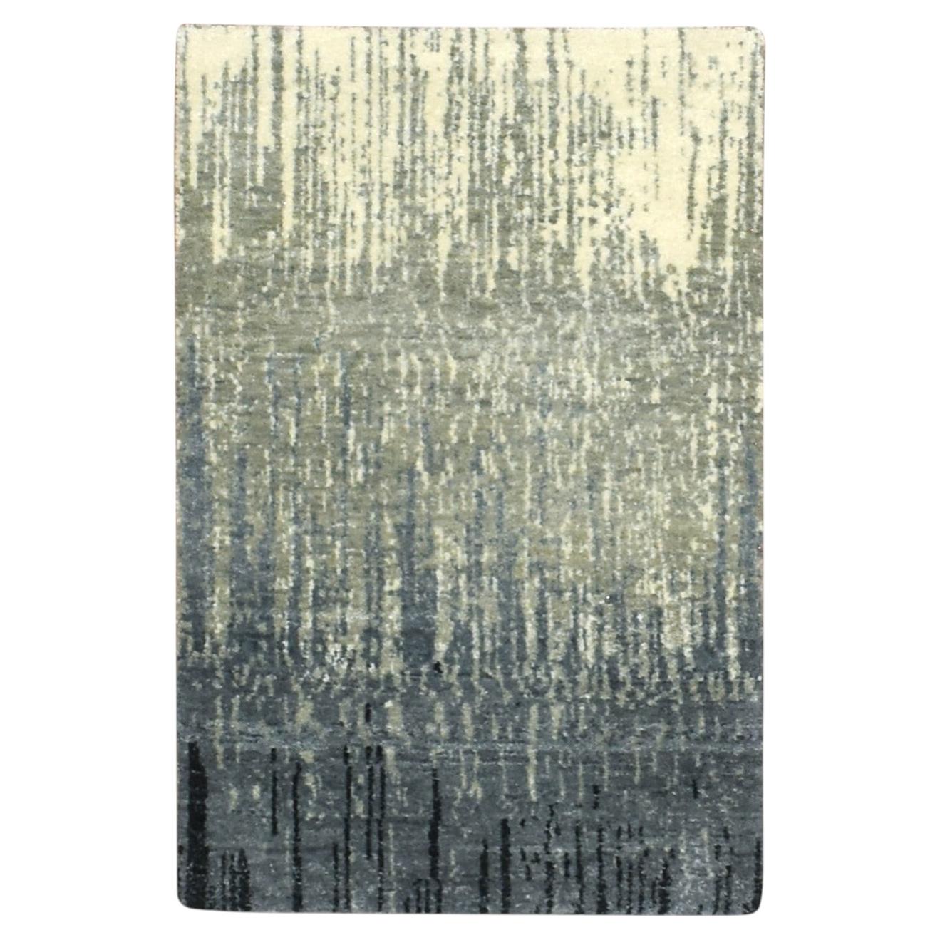 2'x3' Gray and Black Hand Knotted Vertical Ombre Design Pure Wool Mat Rug