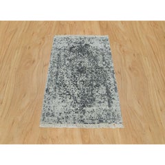 2'x3' Gray Broken Zoroastrian Hand Knotted Design Wool And Silk Mat Rug