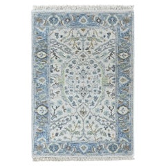 2'x3' Gray Oushak with Floral Motifs Hand Knotted Wool Mat Oriental Rug