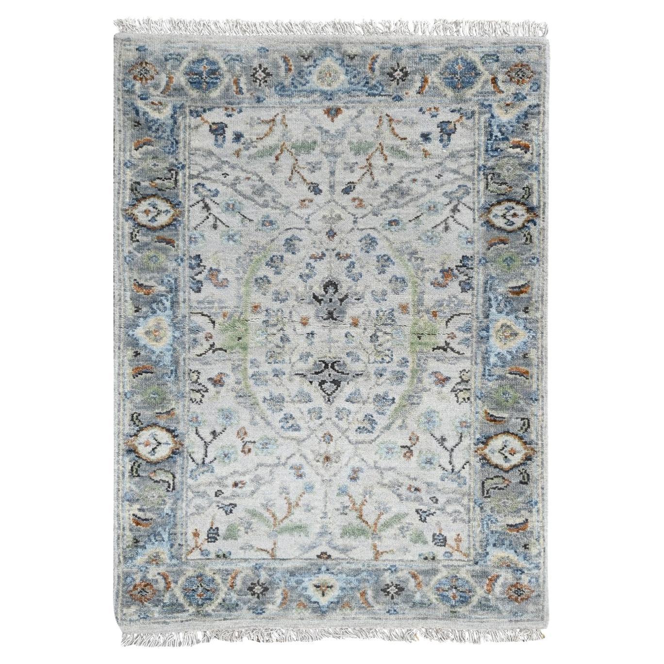 2'x3' Gray Oushak with Floral Motifs Natural Wool Hand Knotted Mat Rug