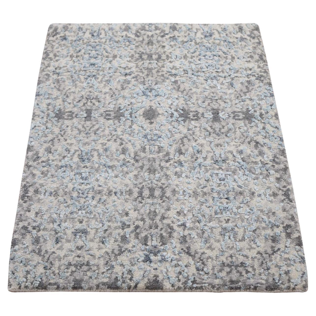 2'x3' Gray Wool And Silk Abstract Design Hand Knotted Oriental Rug For Sale