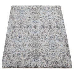 2'x3' Gray Wool And Silk Abstract Design Hand Knotted Oriental Rug