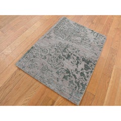 2'x3' Gray, Wool and Silk, Heriz Broken and Erased Design, Hand Knotted Rug