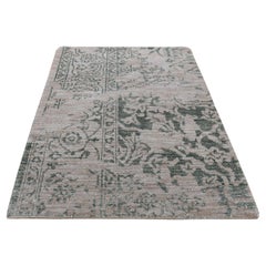 2'x3' Gray, Wool and Silk, Heriz Broken and Erased Design, Hand Knotted Rug