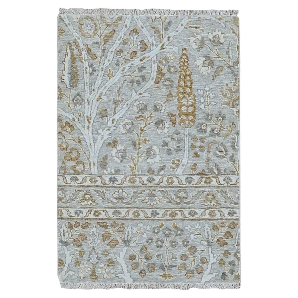 2'x3' Gray Zero Pile 200 KPSI Tree of Life Design Hand Knotted Wool Mat Rug For Sale