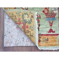 2'x3' Green Chinese Art Deco Inspired Peshawar Hand Knotted Wool Mat Rug