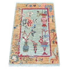 2'x3' Green Chinese Art Deco Inspired Peshawar Hand Knotted Wool Mat Rug